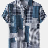 kkboxly  Men's Check Panel Contrast Color Casual Linen Short Sleeve Shirt Best Sellers