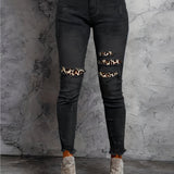 kkboxly  Leopard Print Ripped Skinny Jeans, Embossed Crotch Raw Hem Long Pants, Women's Denim Jeans & Clothing