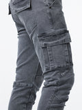 kkboxly Slim Fit Multi Pocket Jeans, Men's Casual Street Style High Stretch Denim Cargo Pants