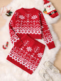 For Christmas & Spring Outdoor Activities, Tweens' Knitted Set - Geometric Pattern Knit Sweater & Skirt Set