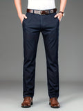 kkboxly  Classic Design Dress Pants, Men's Formal Solid Color Mid Stretch Dress Pants For Spring Summer Business