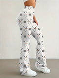 Women's High-Waist Flare Pants with Cute Snowman Print - Comfortable & Stylish, Perfect for All Seasons