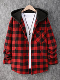 Fashionable And Versatile Men's College Style Casual Plaid Hoodies Button Drawstring Shirt Jacket, Suitable For Outdoor