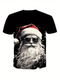 Christmas Santa Claus Print T-shirt, Men's Casual Street Style Stretch Round Neck Tee Shirt For Summer