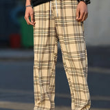 kkboxly Plus Size Men's Plaid Pants Oversized Loose Fit Pants For Spring Fall, Men's Clothing