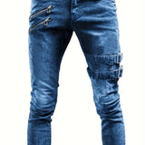 kkboxly  Slim Fit Ripped Biker Jeans, Men's Casual Street Style Medium Stretch Denim Pants