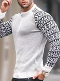 kkboxly  Waffle Trendy Patchwork Sweatshirt, Men's Casual Ethnic Pattern Sleeves Crew Neck Sweatshirt For Men Fall Winter