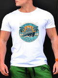 kkboxly Comic Cruise Pattern Men's Casual Short Sleeve Crew Neck T-shirt, Summer Holiday