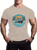 kkboxly Comic Cruise Pattern Men's Casual Short Sleeve Crew Neck T-shirt, Summer Holiday