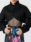 kkboxly Men's Mesh Patchwork Solid Color Stand Collar Puff Long Sleeve Coat