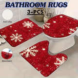 Christmas Snowflake Bath Rug Set, 3-Piece Non-Slip Bathroom Mat Set, Machine Made Polyester Flannel with PVC Backing, Machine Washable, Flat Woven Rectangle Area Rugs for Holiday Decor