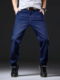 Plus Size Stretch Jeans, Men's Loose Straight Leg Denim Trousers