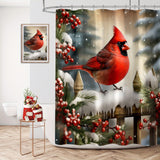 1pc/4pcs Cardinal Winter Christmas Shower Curtain With 12 Hooks, Red Complete Bathroom Rug Set Including Toilet Mat & Lid Cover, Durable & Quick-Drying, Christmas Decorations