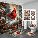 1pc/4pcs Cardinal Winter Christmas Shower Curtain With 12 Hooks, Red Complete Bathroom Rug Set Including Toilet Mat & Lid Cover, Durable & Quick-Drying, Christmas Decorations