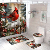 1pc/4pcs Cardinal Winter Christmas Shower Curtain With 12 Hooks, Red Complete Bathroom Rug Set Including Toilet Mat & Lid Cover, Durable & Quick-Drying, Christmas Decorations