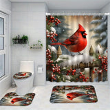 1pc/4pcs Cardinal Winter Christmas Shower Curtain With 12 Hooks, Red Complete Bathroom Rug Set Including Toilet Mat & Lid Cover, Durable & Quick-Drying, Christmas Decorations