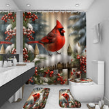 1pc/4pcs Cardinal Winter Christmas Shower Curtain With 12 Hooks, Red Complete Bathroom Rug Set Including Toilet Mat & Lid Cover, Durable & Quick-Drying, Christmas Decorations