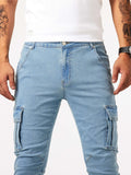 kkboxly  Slim Fit Multi Pocket Jeans, Men's Casual Street Style Medium Stretch Denim Cargo Pants