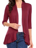 V-neck Loose Pleated Cardigans, Casual Frill Solid 3/4 Sleeve Spring Summer Fall Cardigan, Women's Clothing