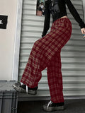 kkboxly  Plus Size Casual Pants, Women's Plus Plaid Print Elastic High Rise Wide Leg Trousers With Pockets