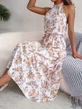 kkboxly  Floral Print Halter Neck Dress, Casual Sleeveless Maxi Dress, Women's Clothing