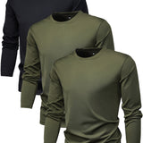 kkboxly 3Pcs Men's Crew Neck Long Sleeve Active T-shirt Tee, Casual Comfy Shirts For Spring Summer Autumn, Men's Clothing Tops