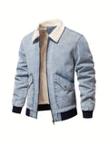 realaiot  Warm Fleece Denim Jacket, Men's Casual Flap Pocket Jacket Coat With Fur Collar For Fall Winter