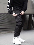 Trendy Plain Black Cargo Pants, Men's Multi Flap Pocket Trousers, Loose Casual Outdoor Joggers, Men's Work Pants Outdoors Streetwear Hip Hop Style