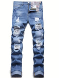 kkboxly  Regular Fit Ripped Jeans, Men's Casual Street Style Distressed Denim Pants For All Seasons