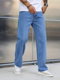 kkboxly  Loose Cotton Blend Men's Solid Wide Leg Pants, Men's Casual Denim Pants, All Seasons