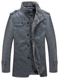 kkboxly  Men's Warm Fleece PU Jacket For Fall Winter, Casual Button Up Stand Collar Faux Leather Jacket
