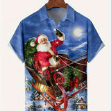 kkboxly  Christmas Santa & Elk Cartoon Pattern Men's Short Sleeve Button-down Shirt With Chest Pocket, Gift For Men