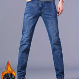 kkboxly  Warm Fleece Straight Leg Jeans For Business, Men's Semi-formal Denim Pants For Fall Winter