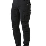 kkboxly  Slim Fit Multi Pocket Jeans, Men's Casual Street Style High Stretch Denim Cargo Pants