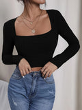 Solid Square Neck T-shirt, Casual Long Sleeve Crop Slim Top, Women's Clothing