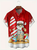 kkboxly  Christmas Santa & Elk Cartoon Pattern Men's Short Sleeve Button-down Shirt With Chest Pocket, Gift For Men