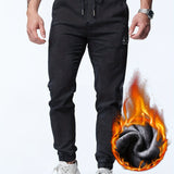 kkboxly  Men's Casual Letter Embroidery Tapered Harem Pants, Chic Warm Thick Casual Pants For Fall Winter