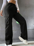 kkboxly  Solid Flap Pocket Loose Cargo Pants, Casual Elastic Waist Versatile Pants, Women's Clothing