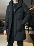 kkboxly  Men's Casual Long Padded Coat For Fall Winter, Hooded Cort For Fall Winter