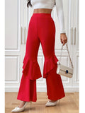 kkboxly  Solid Slim Flare Leg Pants, Elegant Ruffle Trim Pants For Spring & Fall, Women's Clothing