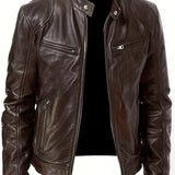 kkboxly  Chic PU Jacket, Men's Casual Solid Color Zip Up Stand Collar Faux Leather Jacket For Spring Fall