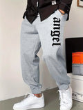 kkboxly  Big ANGEL Print Drawstring Sweatpants Loose Fit Pants Men's Casual Slightly Stretch Joggers For Spring Autumn Workout Running Jogging