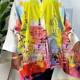 kkboxly  Plus Size Boho Blouse, Women's Plus Painting Print Bat Sleeve Lapel Collar Button Up Oversized Blouse