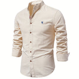 kkboxly  Solid Color Men's Cotton Long Sleeve Button Up Shirt With Stand Collar, Spring Fall