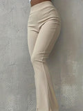 kkboxly  Solid Ribbed Flare Leg Pants, High Waist Slim Elastic Pants, Women's Clothing