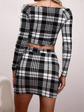 kkboxly  Elegant Plaid Matching Two-piece Set, Off Shoulder Crop Top & Bodycon Skirt Outfits, Women's Clothing