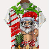 kkboxly  Christmas Santa & Elk Cartoon Pattern Men's Short Sleeve Button-down Shirt With Chest Pocket, Gift For Men