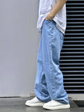 kkboxly  Classic Design Wide Leg Jeans, Men's Casual Street Style Solid Color Denim Pants For Spring Summer