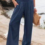 kkboxly  Shirred Waist Wide Leg Pants, Casual Solid Slant Pockets Pants For Summer & Spring, Women's Clothing