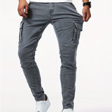 Slim Fit Multi Pocket Jeans, Men's Casual Street Style High Stretch Denim Cargo Pants